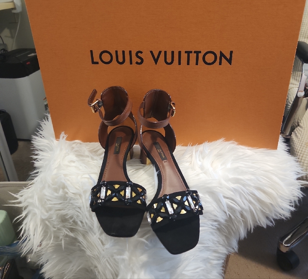 Louis Vuitton Black and Gold Sandals with Ankle Strap